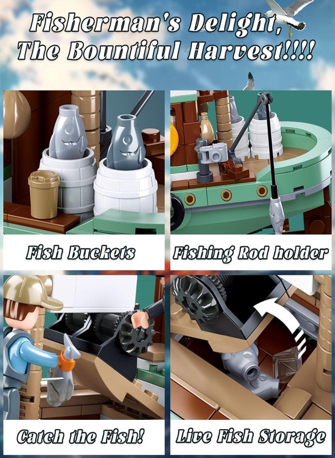 سلوبان مجموعة بناء قارب صيد المدينة مع 3 مجسمات صيادين صغيرة، ومجموعات بناء سفن مع صنارات صيد ودلاء، وألعاب هدايا عيد الميلاد للأطفال من سن 6 إلى 12 عامًا، متوافقة مع قارب ليغو، 610 قطعة - Image 2